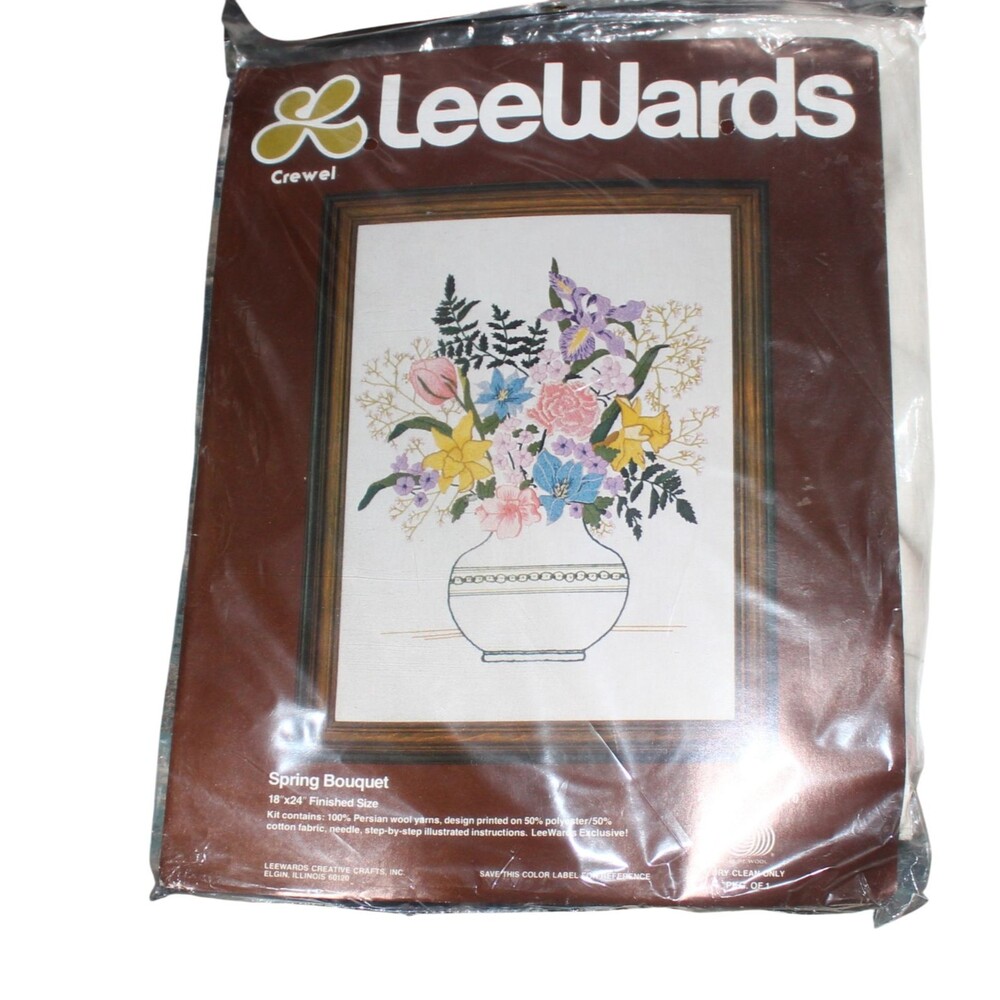 Vintage Sealed LeeWards Spring Bouquet Crewel Embroidery Kit 18x24